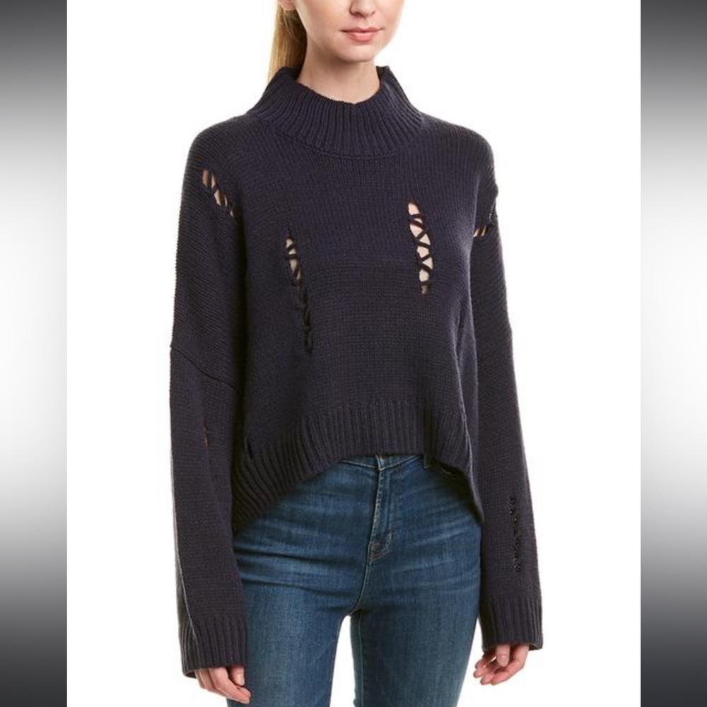 78idh French connection cropped frayed sweater navy